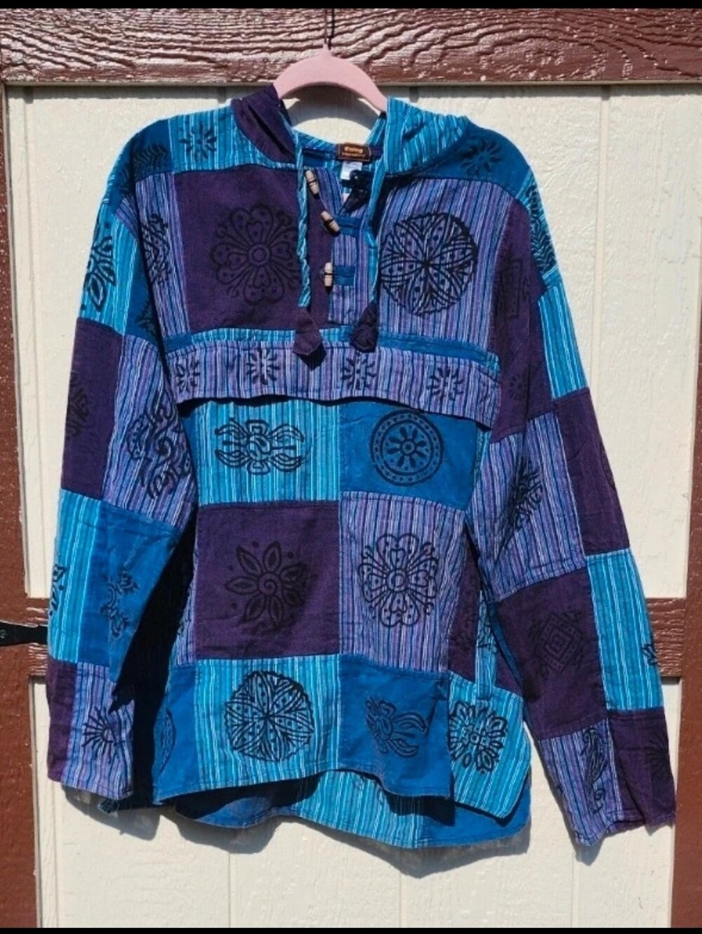 New! Rising International 100% Cotton Boho Blockprint Patchwork Hoodie, NWT - Picture 2 of 6